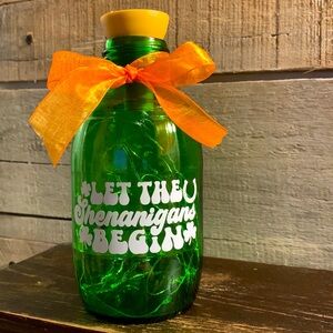 Hand Crafted- ‘Let the Shenanigans Begin’ Green barrel solar lantern